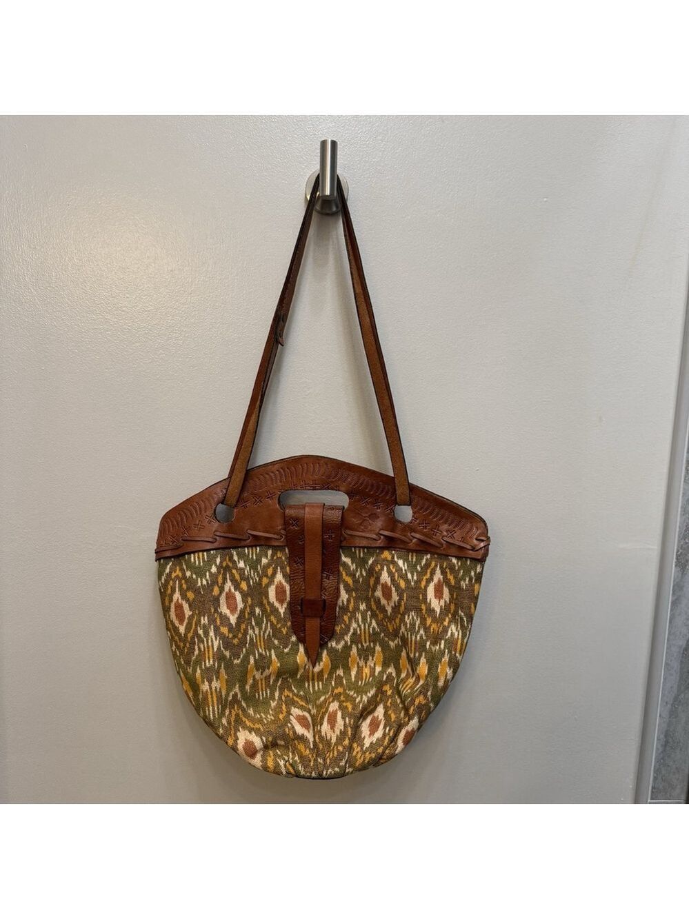 PATRICIA NASH Italian Leather Southwestern Boho Canvas Bucket Shoulder Tote Bag